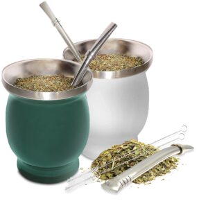 norte white & green yerba mate natural gourd/tea cup set bundle (original traditional mate cup - 8 ounces) | includes bombillas (yerba mate straws) & cleaning brush | stainless steel | double-walled