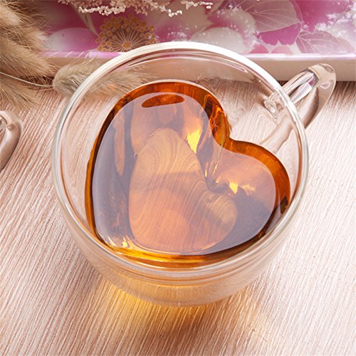 VEOOJRFEY 2 Pcs/Set Heart Shaped Double Wall Insulated Glass Milk Lemon Juice Cup Tea Cups Lover Coffee Mug Drinkware for Home Party Birthday Gifts