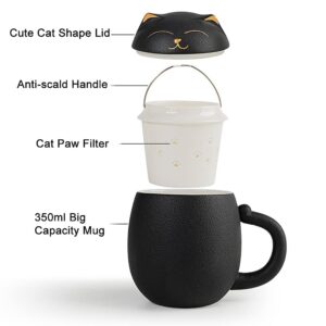 Rain House Cat Mugs with Infuser and Lid, Cute Tea Cups Kawaii Mug in Ceramic for Steeping Loose Leaf, Handmade Porcelain Teacup Teapot for Home Office, Portable Shatterproof Case 350ML (Black)