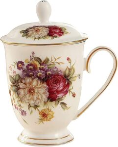 ceramic mug, tea mugs for women，china tea cup with lid, flower tea cup, suitable for making tea, cold drinks, hot drinks, coffee, etc, 10oz (about 300ml)