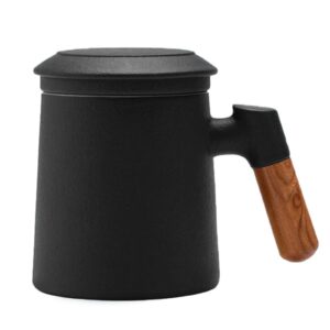 gegong rosewood handle tea mug with infuser and lid, 13.5oz steeping tea cup with stainless steel filter (black)