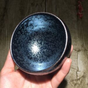 Apingjenz Chinese Traditional Tenmoku Tianmu Tea Cup Bowl Sky Eye Pattern Jianzhan 150ml 5.07oz Handmade Porcelain Crafts Gift Box,Blue,Ø9x5.8cm(Ø3.54inx2.28in)