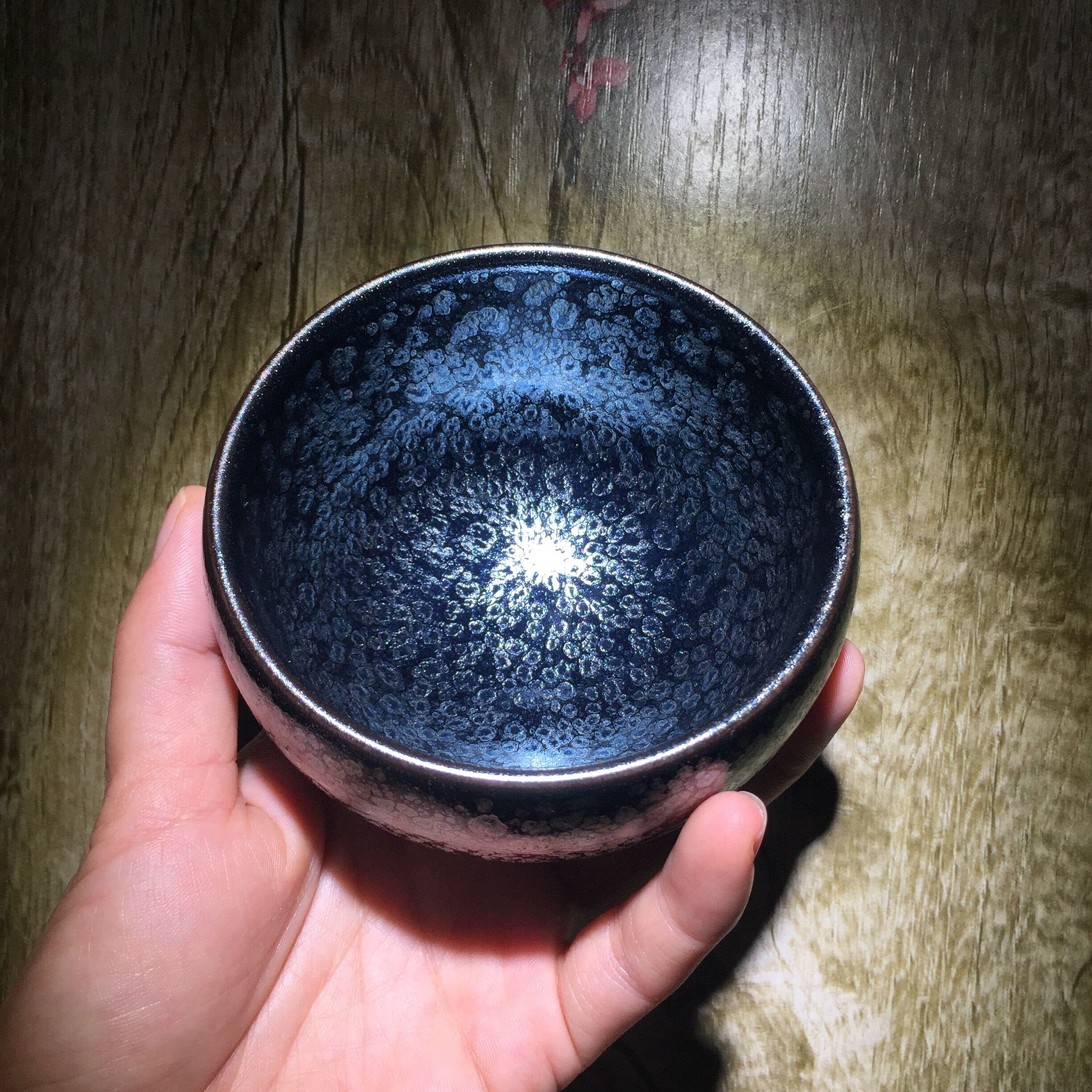 Apingjenz Chinese Traditional Tenmoku Tianmu Tea Cup Bowl Sky Eye Pattern Jianzhan 150ml 5.07oz Handmade Porcelain Crafts Gift Box,Blue,Ø9x5.8cm(Ø3.54inx2.28in)