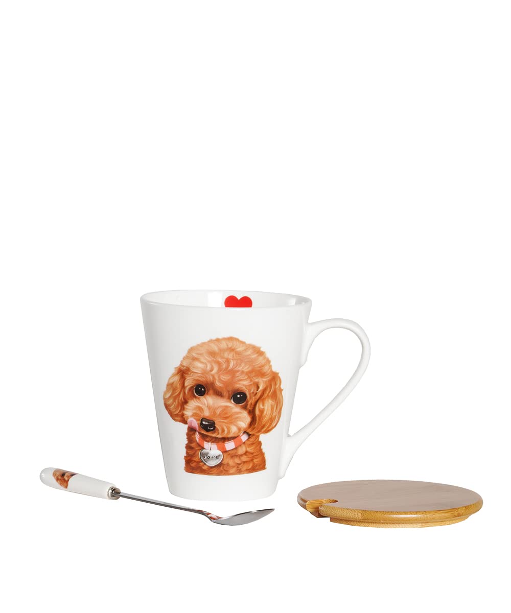 Pet Portrait Porcelain Water Cup w Lid & Spoon (Poodle(Red))