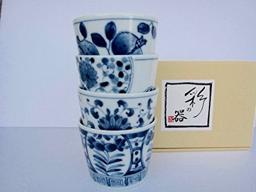 Mino Ware Japanese Soba Choko Cups Japanese Traditional Flowers and Pomegranate Pattern Set of 4