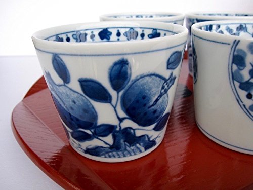 Mino Ware Japanese Soba Choko Cups Japanese Traditional Flowers and Pomegranate Pattern Set of 4