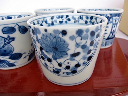 Mino Ware Japanese Soba Choko Cups Japanese Traditional Flowers and Pomegranate Pattern Set of 4