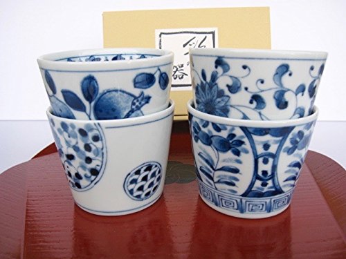 Mino Ware Japanese Soba Choko Cups Japanese Traditional Flowers and Pomegranate Pattern Set of 4