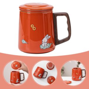 Didiseaon Coffee Tumbler Porcelain Tea Mug with Infuser and Lid Loose Leaf Tea Cup Wood Handle Tea Cup Rabbit Ceramic Mug Drink Cup Tea Infuser Cup for Loose Leaf Tea Bag Coffee Milk Japanese Tea Cups