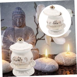 Tofficu 5pcs Bowl Buddhist Supply Relief Ceramic Decoration for Printed Altar Ritual White Offering Holy Lotus Smudging Container with Religion Buddhism Tibetan Home Cup Yoga Water