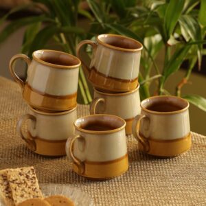 exclusivelane 'silver gold dusk' ceramic tea cups | white & mustard yellow, 210ml | set of 6 | hand-painted tea glasses | coffee mugs for hot/cold beverages | microwave safe | ideal housewarming gift