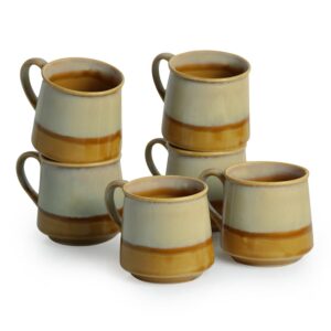 ExclusiveLane 'Silver Gold Dusk' Ceramic Tea Cups | White & Mustard Yellow, 210ml | Set of 6 | Hand-painted Tea Glasses | Coffee Mugs for Hot/Cold Beverages | Microwave Safe | Ideal Housewarming Gift