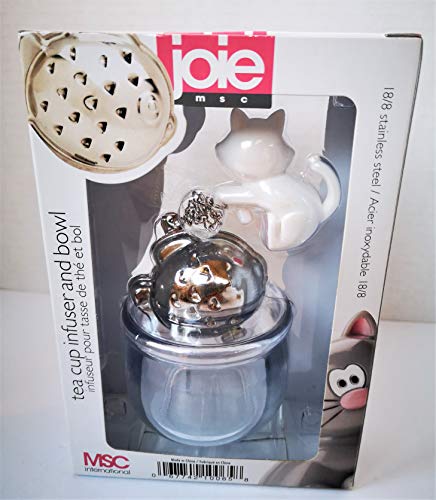 Joie Meow Cat Loose Tea Leaf Tea Infuser and Bowl Caddy, 18/8 Stainless Steel, Assorted Black and White