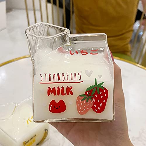 YYSS 380ml Kawaii Milk Glass Cup Creative Square Clear Milk Carton Water Bottle Wholesale Cute Fruit Heat Resistant Breakfast Cups (Peach, 300-400ml)