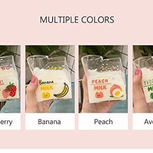 YYSS 380ml Kawaii Milk Glass Cup Creative Square Clear Milk Carton Water Bottle Wholesale Cute Fruit Heat Resistant Breakfast Cups (Peach, 300-400ml)