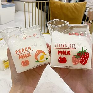 YYSS 380ml Kawaii Milk Glass Cup Creative Square Clear Milk Carton Water Bottle Wholesale Cute Fruit Heat Resistant Breakfast Cups (Peach, 300-400ml)