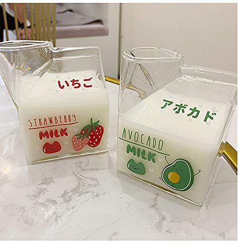 YYSS 380ml Kawaii Milk Glass Cup Creative Square Clear Milk Carton Water Bottle Wholesale Cute Fruit Heat Resistant Breakfast Cups (Peach, 300-400ml)