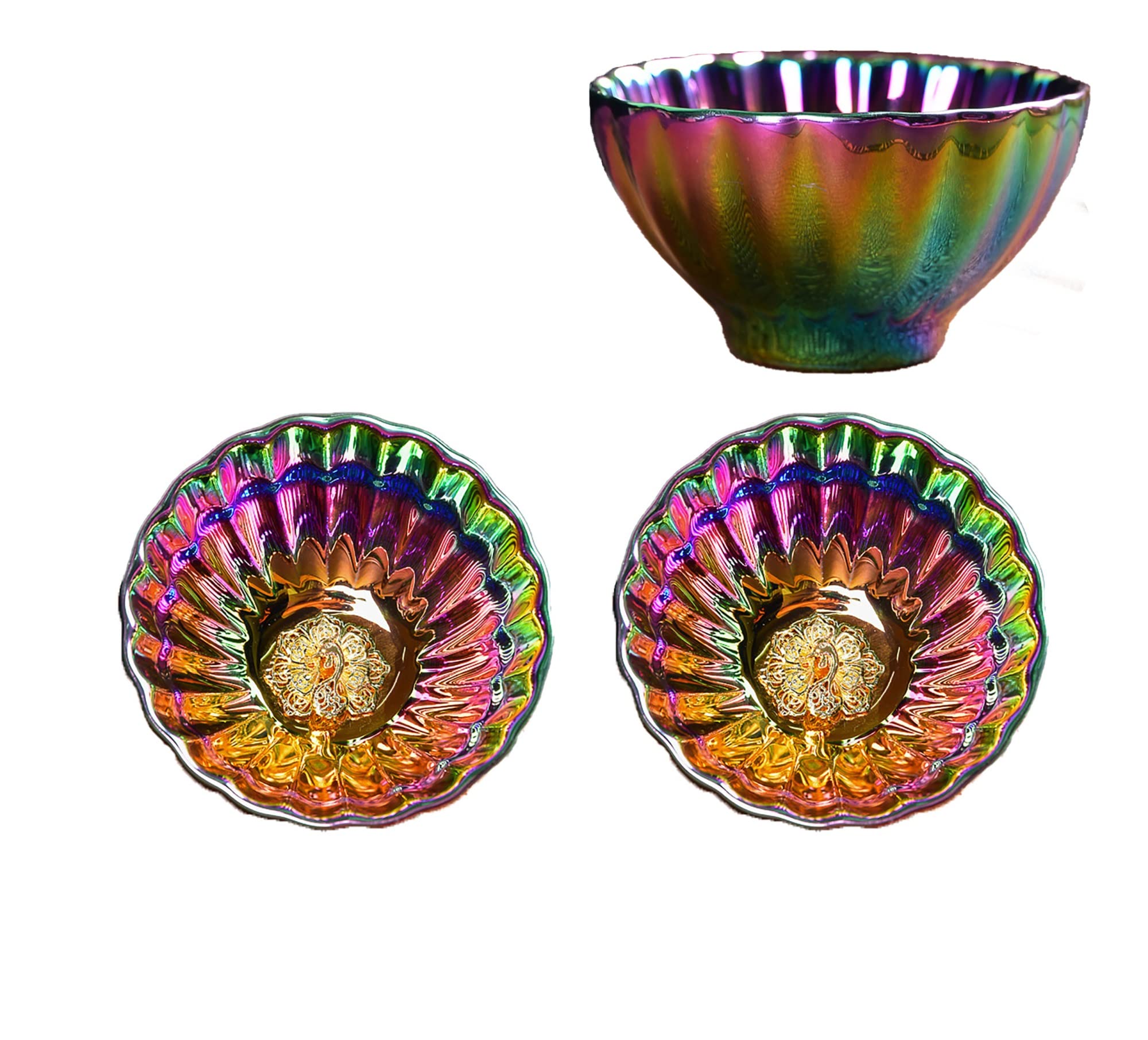 LingXuanGe Gold Lotus peacock tea cups set of 2, Beautiful Colorful Glaze Ceramic Tenmoku Tea Cup Chinese Kungfu Tea Cup (Color : Peacock)