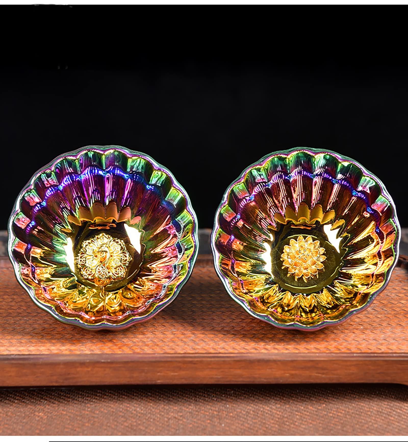 LingXuanGe Gold Lotus peacock tea cups set of 2, Beautiful Colorful Glaze Ceramic Tenmoku Tea Cup Chinese Kungfu Tea Cup (Color : Peacock)