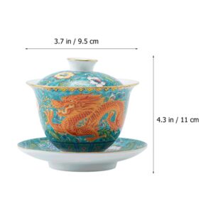 YARNOW Chinese Porcelain Teacup, 1Set of Gaiwan Tureen Cover Bowl Lip Cup Saucer Tea with Lid, Green Dragon