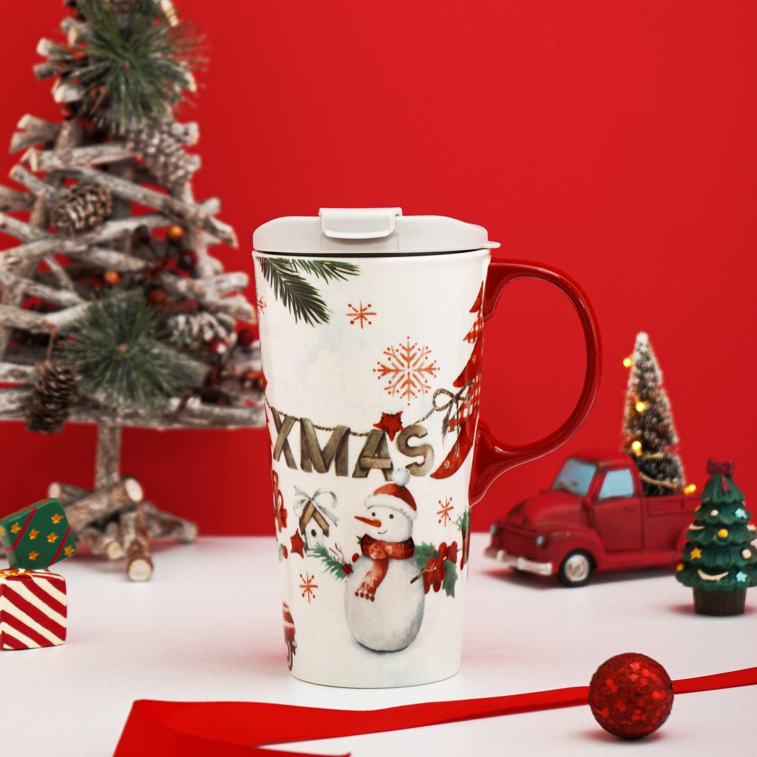 Coffee Ceramic Mug Xmas Mug Porcelain Latte Tea Cup With Lid in Box 17oz.,Christmas Truck Mug