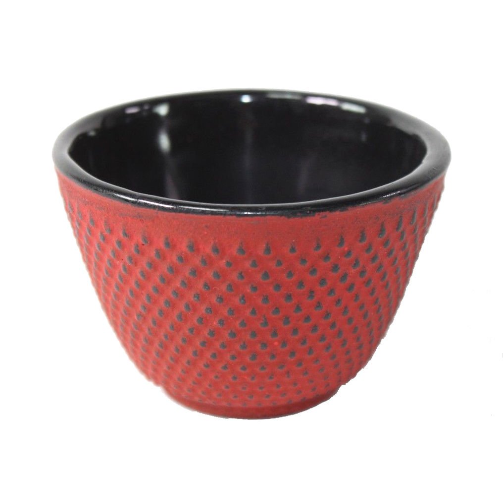 2 Sado Black Leaf Teacup Saucer+2 Red Polka Dot Hobnail Japanese Cast Iron Tea Cup Teacup