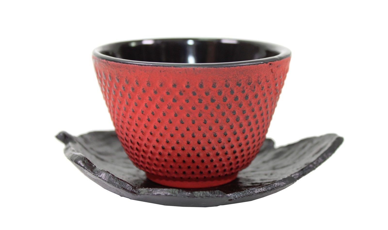 2 Sado Black Leaf Teacup Saucer+2 Red Polka Dot Hobnail Japanese Cast Iron Tea Cup Teacup