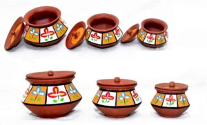 artisansorissa hand painted dahi handi/clay handi/mitti handi/curd pot hexagon shape 3pc set,brown,maati-21