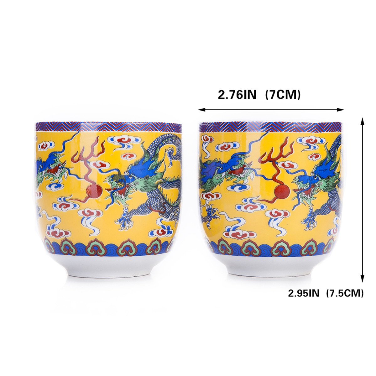 THY COLLECTIBLES Set Of 6 Eastern Asian Design Ceramic Tea Cups In Yellow Dragon - 8 OZ Capacity Each