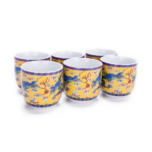 THY COLLECTIBLES Set Of 6 Eastern Asian Design Ceramic Tea Cups In Yellow Dragon - 8 OZ Capacity Each