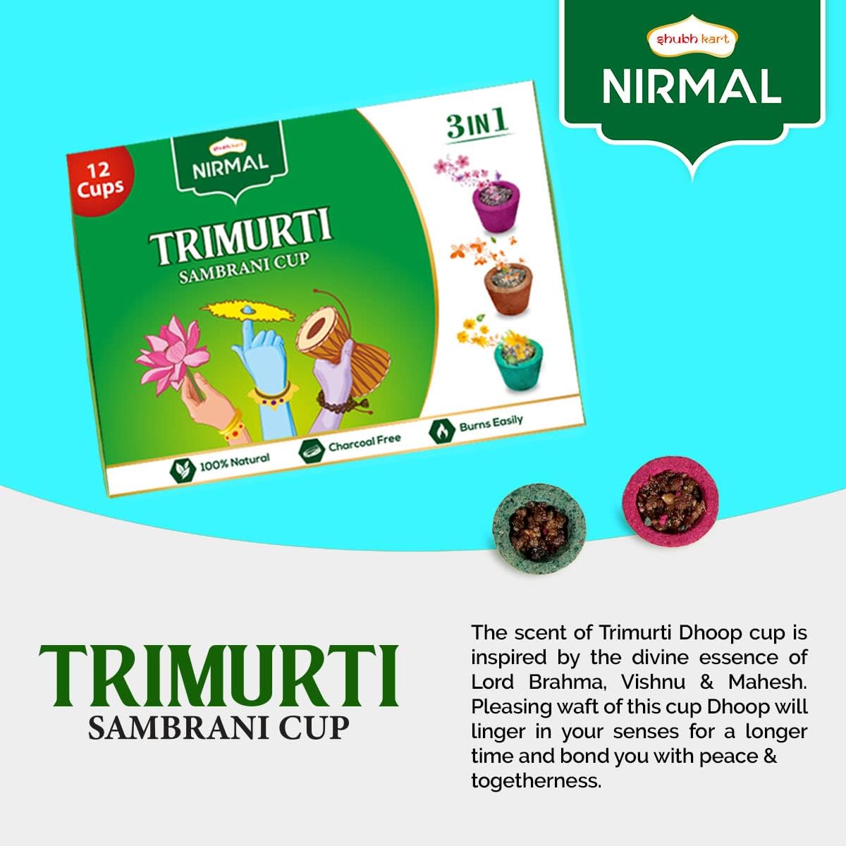 Shubhkart 3 in 1 Trimurti Premium Sambrani Dhoop Cup | Long Lasting Incense for Prayer, Puja, and Meditation | Refreshing Fragrance | Stress Relief and Negative Energy Removal | Odor Removing