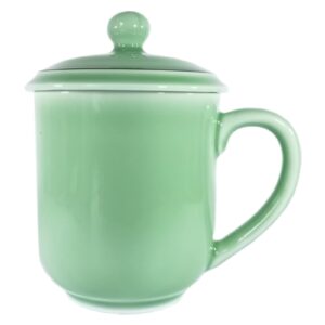 handmade celadon coffee mug teacup with lid 13oz porcelain milk cup smooth glazed ceramic microwave and dishwasher safe (green)