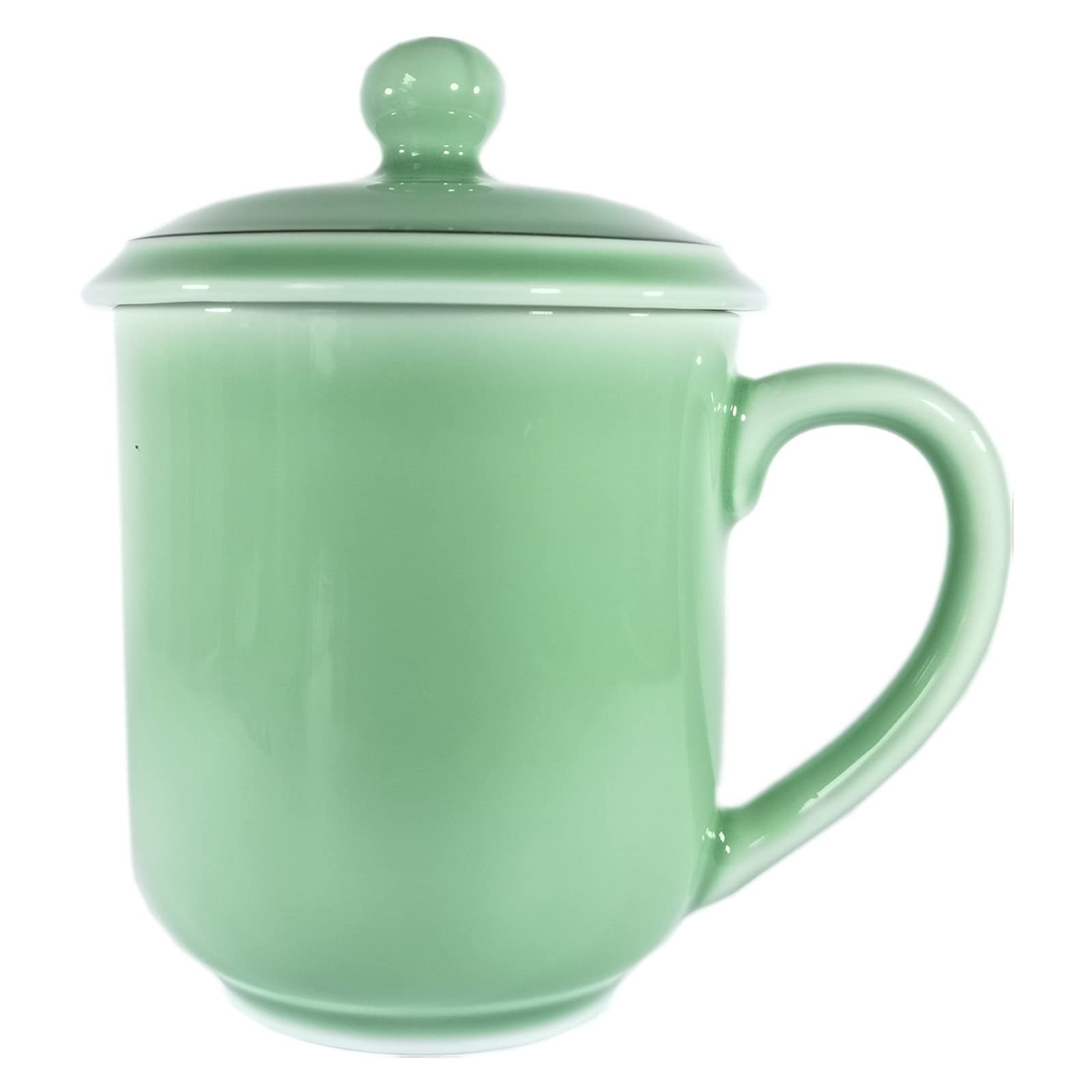 Handmade Celadon Coffee Mug Teacup with Lid 13oz Porcelain Milk Cup Smooth Glazed Ceramic Microwave and Dishwasher Safe (Green)