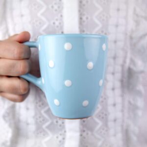 city to cottage handmade light sky blue and white polka dot ceramic 10oz/300ml hot chocolate, coffee, tea mug, cup with large handle, unique designer pottery for tea lovers