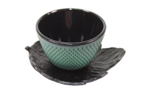 1 black leaf teacup saucer + 1 green polka dot hobnail japanese cast iron tea cup teacup ~ we pay your sales tax