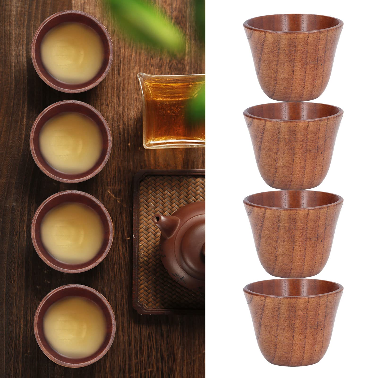 Wooden Cup, 4Pcs Wooden Cup 75ml Natural Wood Healthy Safe Nontoxic Retro Style Heat Insulation Wooden Tea Cups