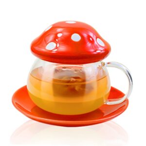 binbe cute mushroom cup,heat resistant glass tea cup with lid & filter infuser &tray kawaii gifts mushroom mug for coffee,loose leaf tea,milk (orange)