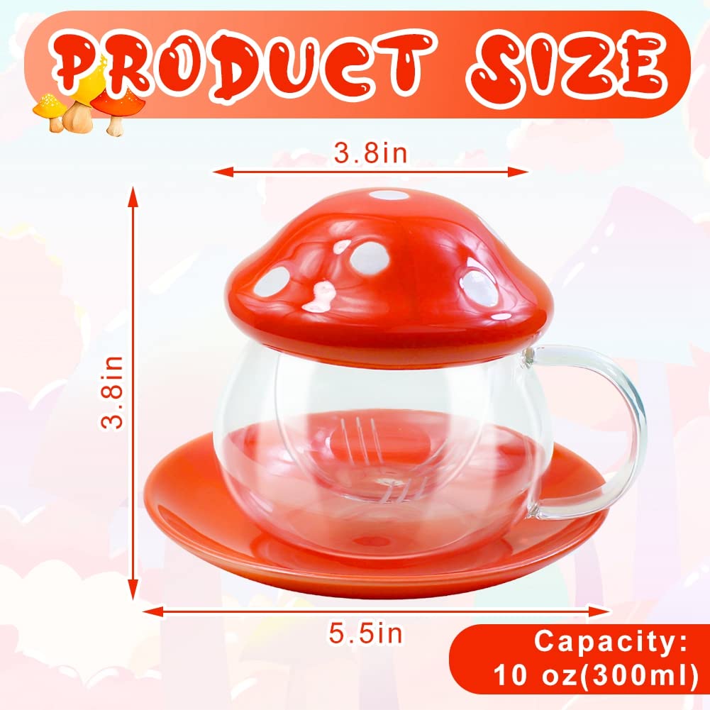 BINBE Cute Mushroom Cup,Heat Resistant Glass Tea Cup with Lid & Filter Infuser &Tray Kawaii Gifts Mushroom Mug for Coffee,Loose Leaf Tea,Milk (Orange)