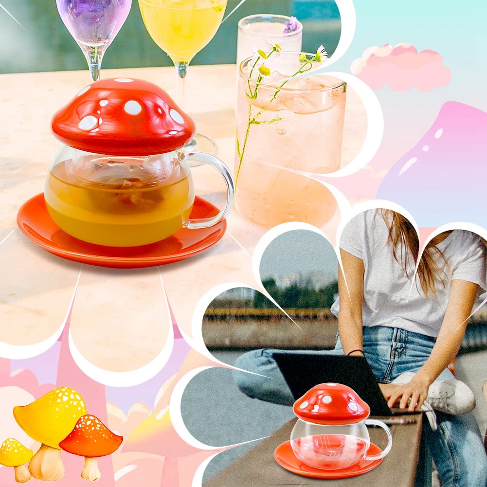 BINBE Cute Mushroom Cup,Heat Resistant Glass Tea Cup with Lid & Filter Infuser &Tray Kawaii Gifts Mushroom Mug for Coffee,Loose Leaf Tea,Milk (Orange)