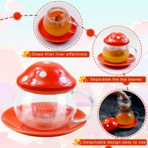 BINBE Cute Mushroom Cup,Heat Resistant Glass Tea Cup with Lid & Filter Infuser &Tray Kawaii Gifts Mushroom Mug for Coffee,Loose Leaf Tea,Milk (Orange)