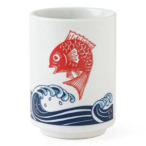 japanese 4"h porcelain tea sushi coffee cup "tai fish over waves", made in japan
