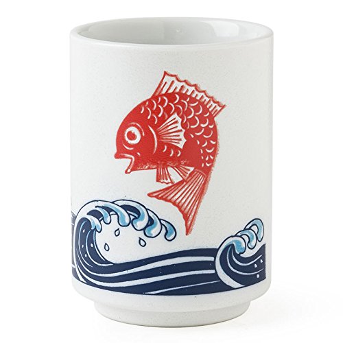 Japanese 4"H Porcelain Tea Sushi Coffee Cup "Tai Fish Over Waves", Made in Japan