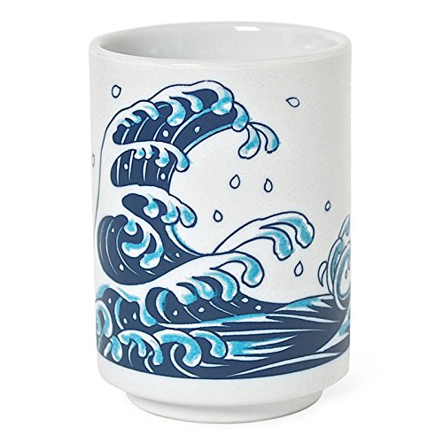 Japanese 4"H Porcelain Tea Sushi Coffee Cup "Tai Fish Over Waves", Made in Japan