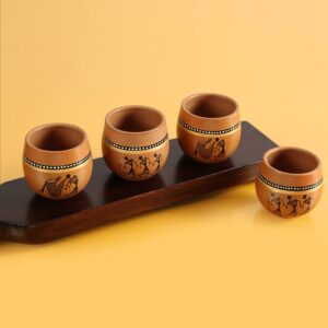 exclusivelane 'new-old world charms' warli hand-painted terracotta kullad cups for tea | kulhad tea cups, kullad chai cups, kullad clay cups, kulhad chai cups (220 ml, mud brown, set of 4)