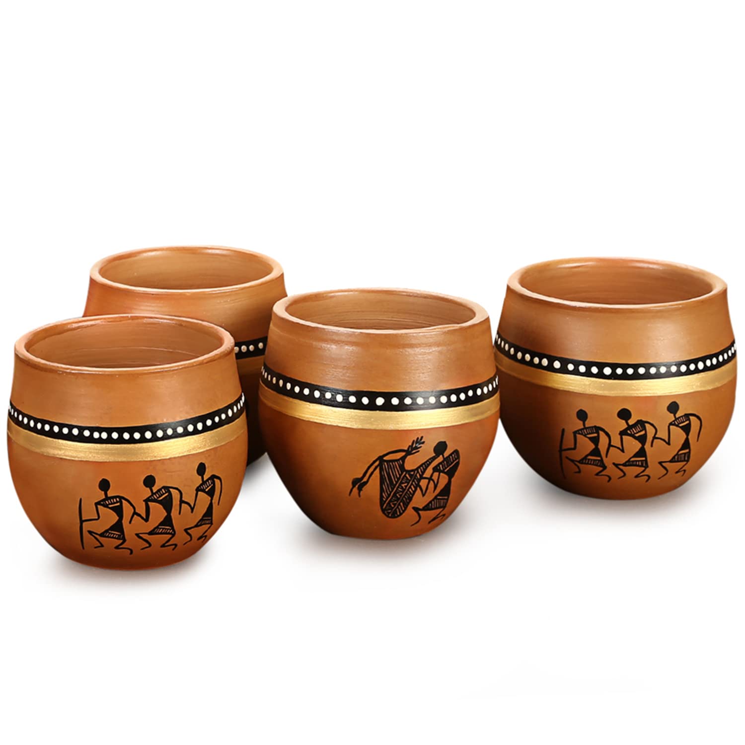 ExclusiveLane 'New-Old World Charms' Warli Hand-Painted Terracotta Kullad Cups for Tea | Kulhad Tea Cups, Kullad Chai Cups, Kullad Clay Cups, Kulhad Chai Cups (220 ML, Mud Brown, Set Of 4)