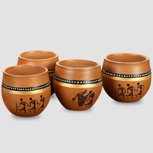 ExclusiveLane 'New-Old World Charms' Warli Hand-Painted Terracotta Kullad Cups for Tea | Kulhad Tea Cups, Kullad Chai Cups, Kullad Clay Cups, Kulhad Chai Cups (220 ML, Mud Brown, Set Of 4)