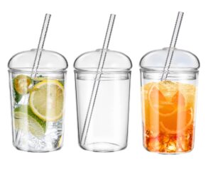 hemoton 3pcs drinking glasses tumbler with straw and lid, 15oz glass cups ice coffee cup tumbler cup great for smoothie soda boba tea cocktail, christmas gifts for women man