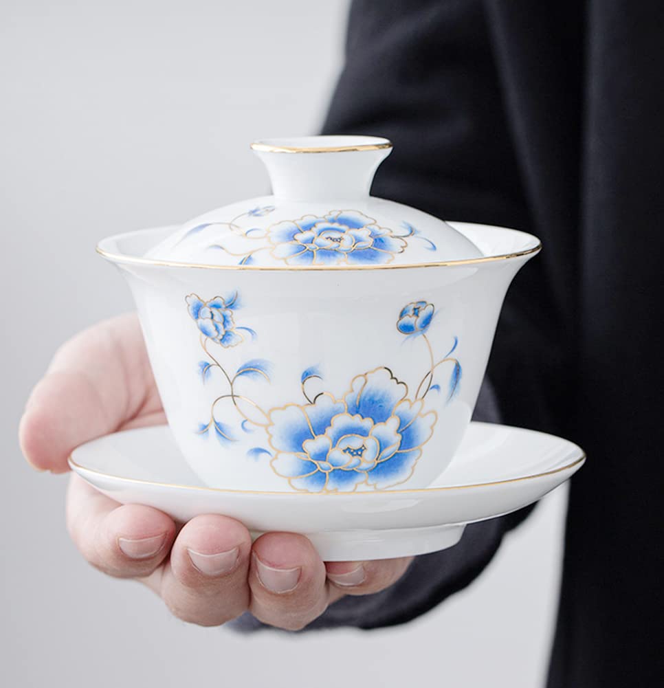 Emoyi White Gaiwan Teacup 4oz Lotus Chinese Kung Fu Sancai Tray Cup Tea Set Bowl Saucer with Lid