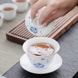 Emoyi White Gaiwan Teacup 4oz Lotus Chinese Kung Fu Sancai Tray Cup Tea Set Bowl Saucer with Lid