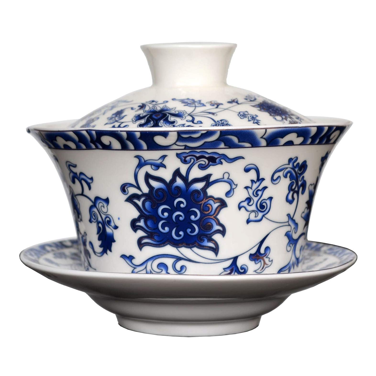 vv8oo Gaiwan 6.8oz/10oz Gongfu Tea Jingdezhen Ceramic Tureen Teacup Sancai Golden Lotus Saucer Set (10oz/300cc)